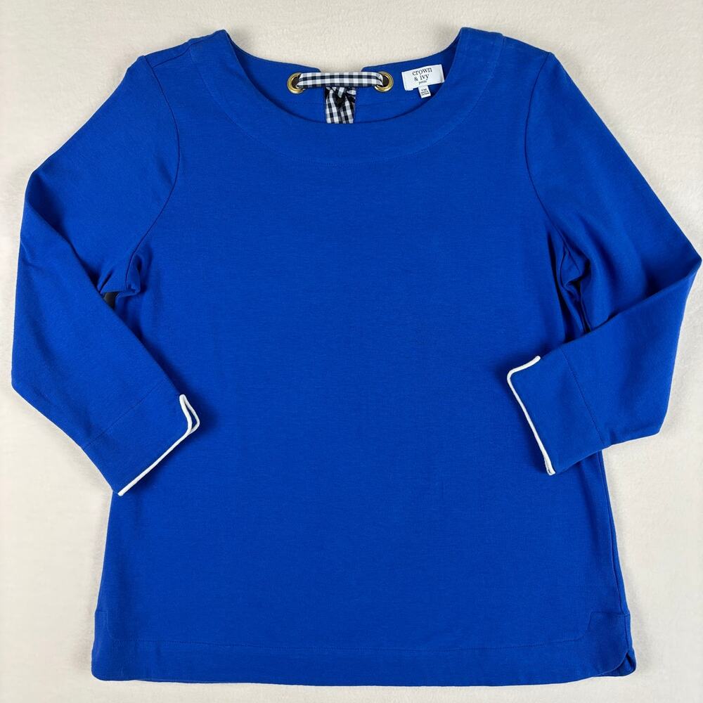 Crown & Ivy Petite Medium Royal Blue White Trim Gingham Bow Back 3/4 Sleeve Top